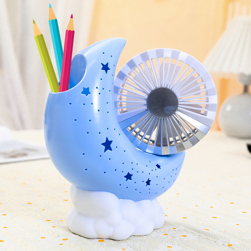 New Adjustable Angle Pen Holder Storage Moon Base Fan Starry Sky Ambience Light Three Speed Control Handheld Fan