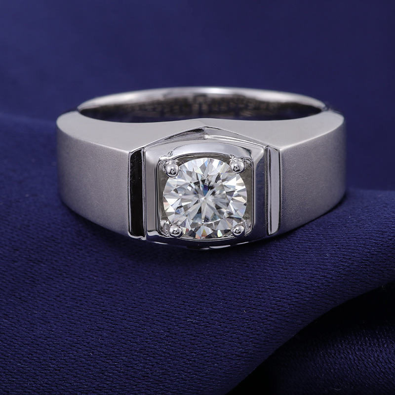 18k白金莫桑戒指男款霸气d色莫桑钻铂金戒指婚礼男士单钻结婚戒指-阿