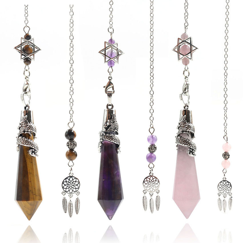 复古龙柱天然水晶12切面锥形灵摆吊坠 配捕梦网梅尔链