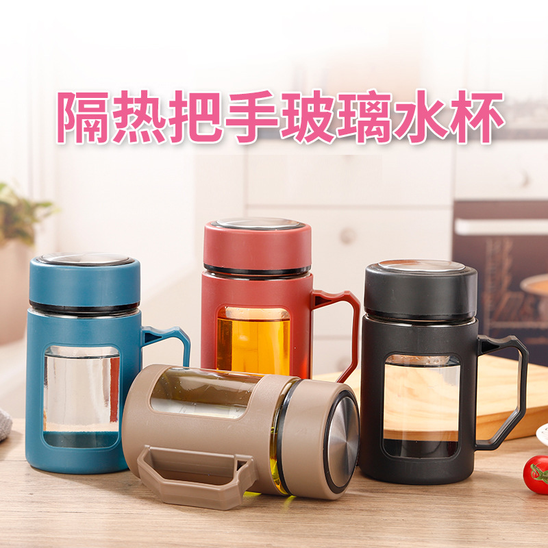 simple glass handle cup household office glass tea cup large capacity with lid lettering gift cup