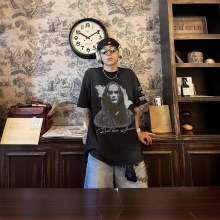 即墨 Grailz 夏季限定乌鸦人像水洗做旧裂纹印花圆领短袖宽松T恤