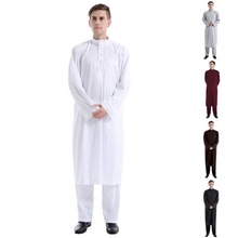 穆斯林纯色二件套男款中东长袍通用速卖通阿拉伯男装礼拜服批发
