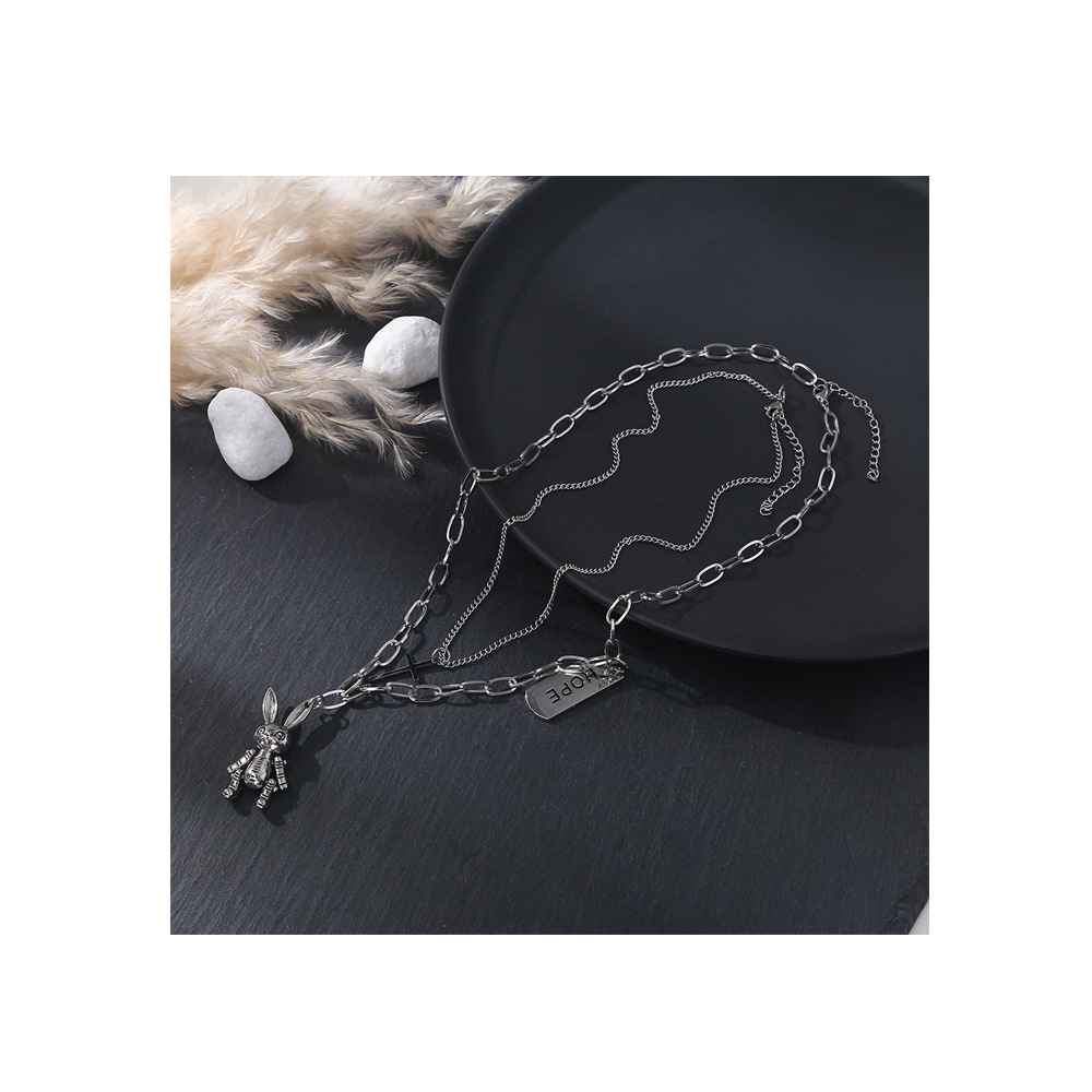 New Fashion Bunny Titanium Steel Necklace Trendy Double Chain Titanium Steel Necklace Personality Sweater Necklace Factory Direct Supply