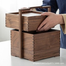 实木中式复古多层收纳盒食盒篮旅行手提便携茶点木质干果盒食钵