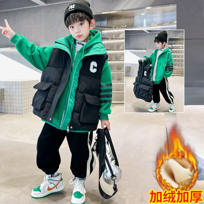 男童冬装加绒套装2023新款儿童卫衣三件套加厚秋冬款大童男孩冬季