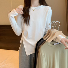 2025春秋新款抽绳上衣女宽松显瘦长袖打底衫百搭不规则T恤女 批发