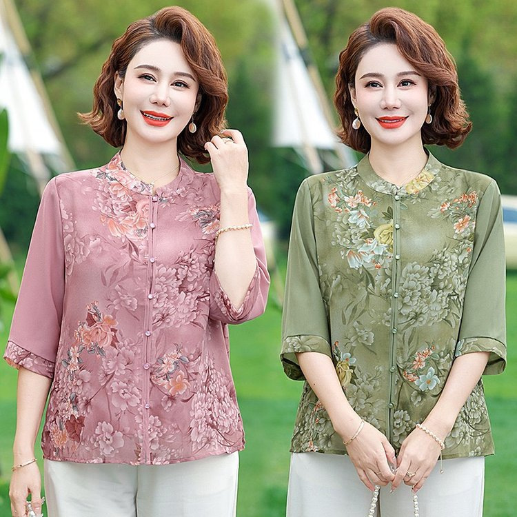 妈妈夏装洋气t恤小衫女大码新款中老年女装国风中袖雪纺衬衫上衣