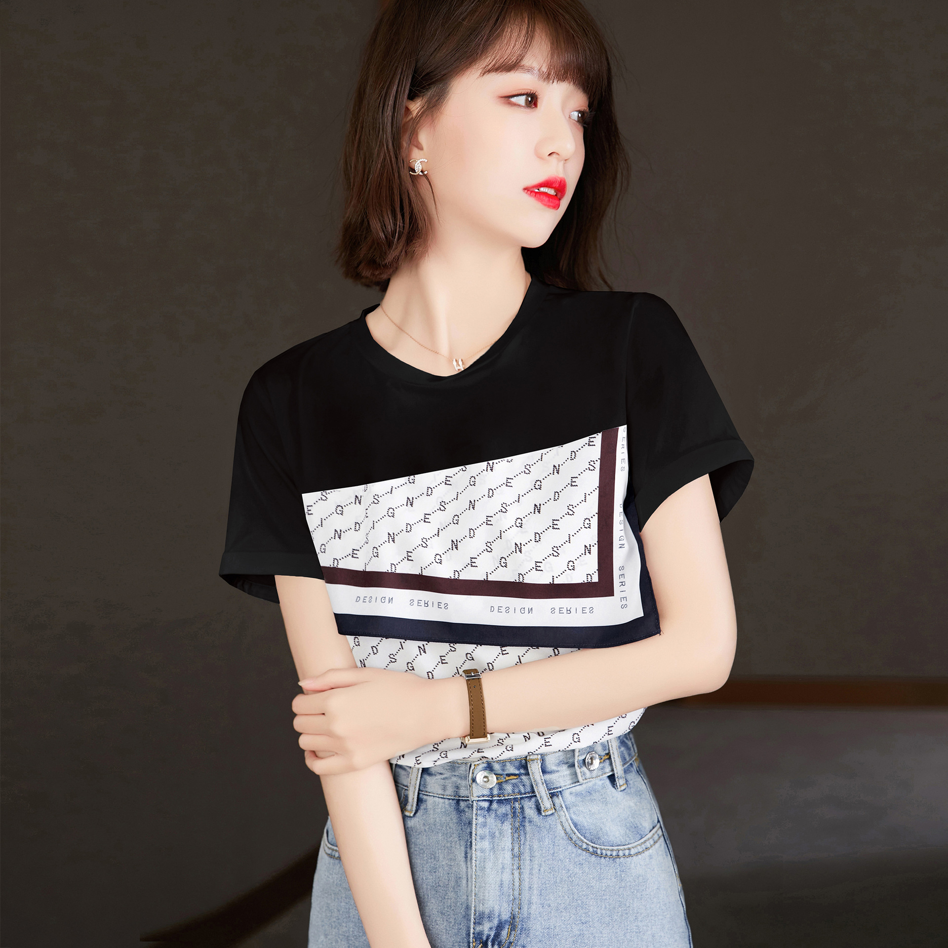 实拍2021年夏装新款撞色套头圆领字母印花短袖t恤女清新宽松小衫