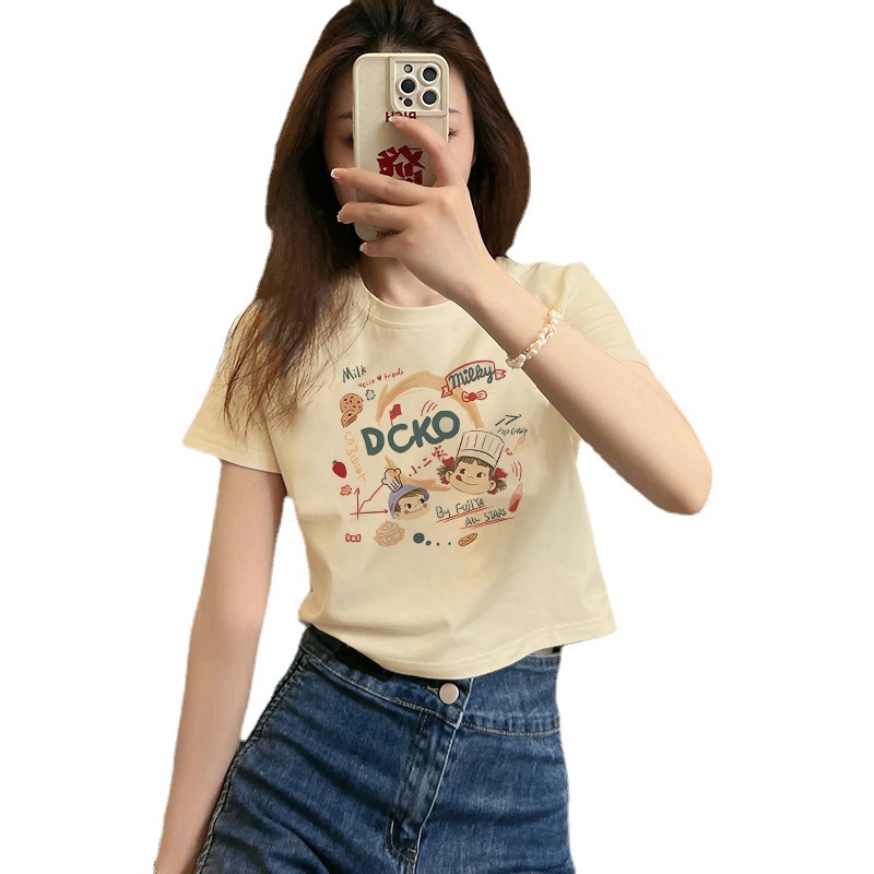 2024 Summer Pure Cotton New Cream Short T-shirt Women's Short Sleeve Shoulder Width Loose Cartoon Texture Half Sleeve T-shirt