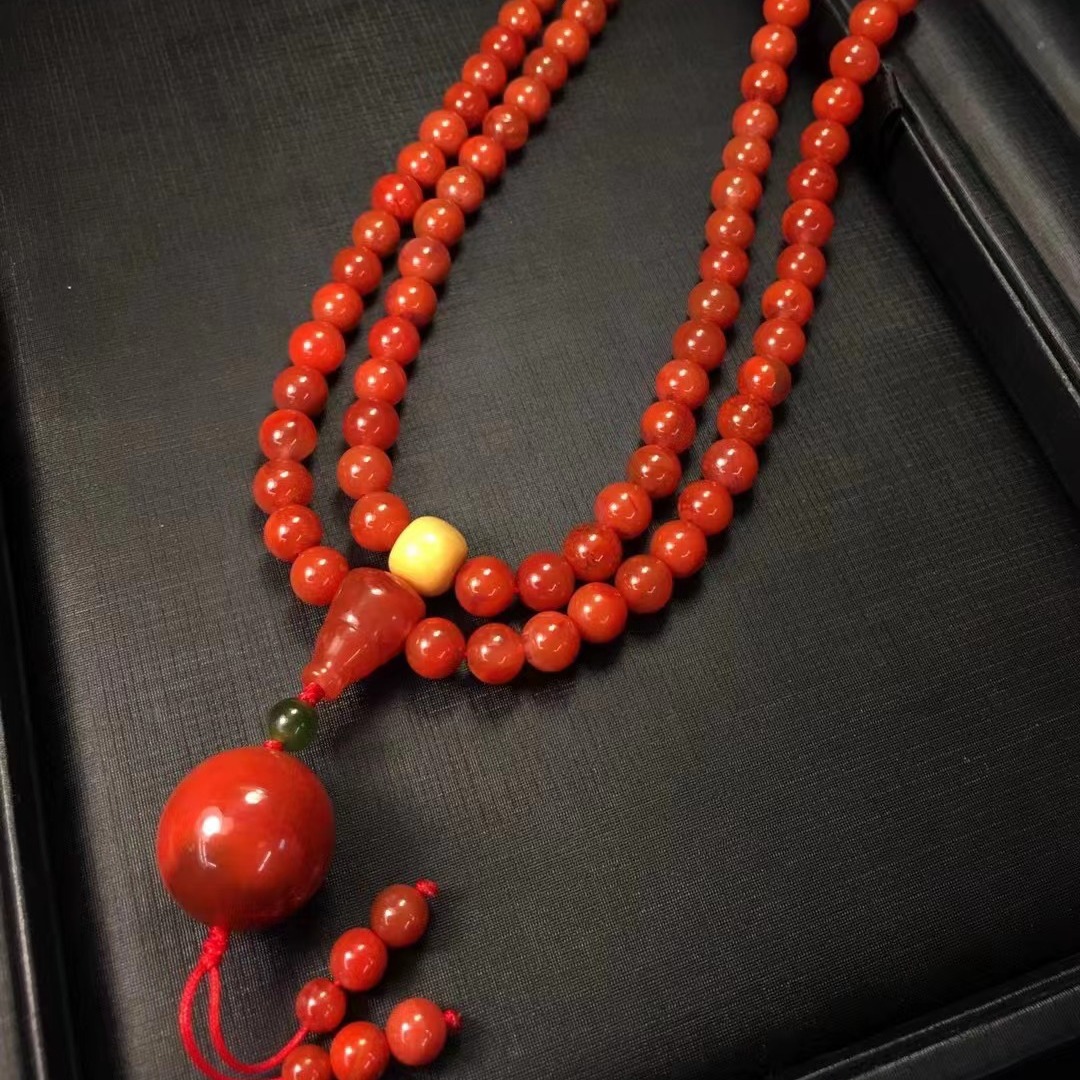 天然南红川料多圈佛珠毛衣链项链肉满搭配缅黄碧玉一体三通大圆珠
