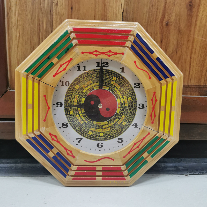 桃木太极八卦钟挂钟 罗盘钟表时钟客厅装饰品摆件台式钟家用包邮