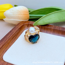 欧美时尚轻奢简约海洋系列镶嵌蓝色心形锆石立体螃蟹造型金属戒指