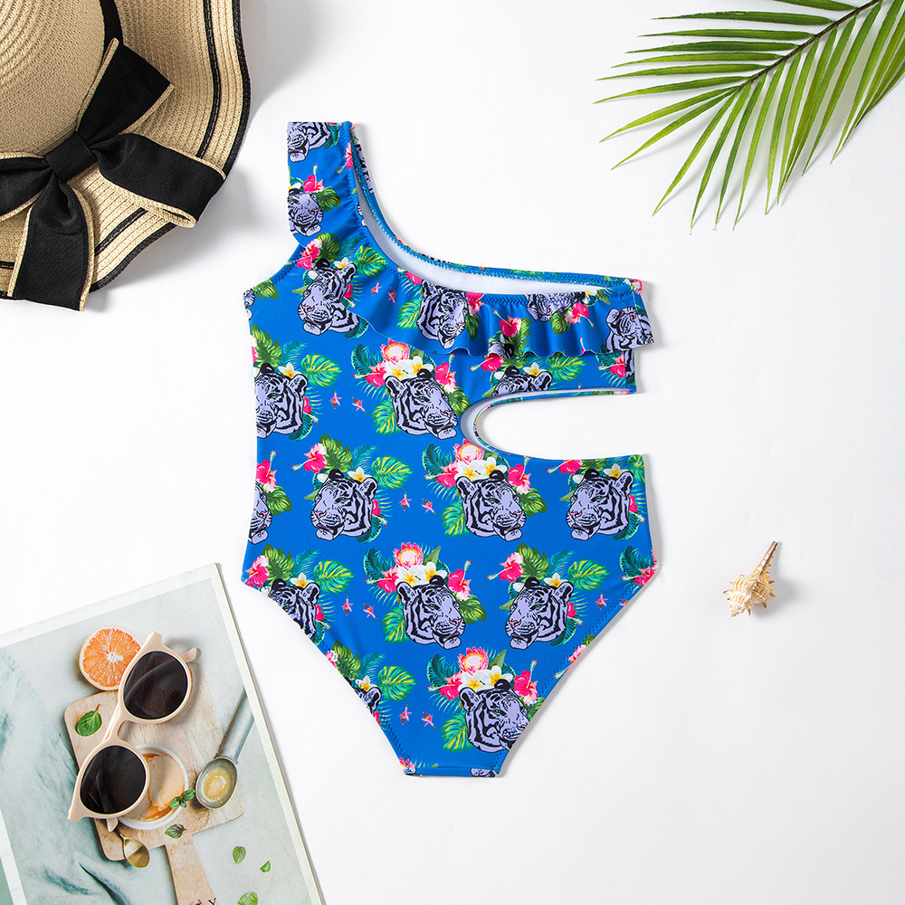 Spot Foreign Trade New Girl's One-Piece Swimming Suit Oblique Shoulder Children's One-Piece Swimsuit Smaller and Big Kids' Swimwear