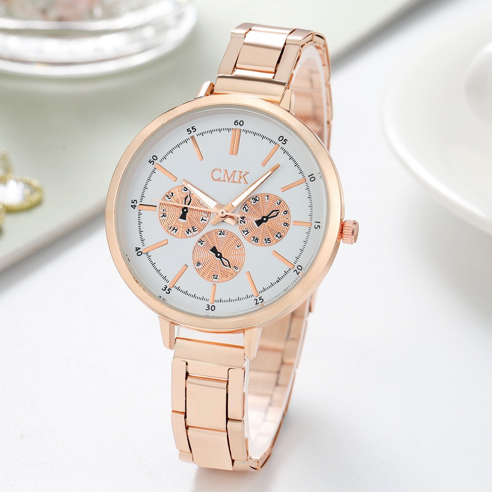 Foreign Trade Versatile New Fashion Decorative Three-Eye Wormhole Simple Scale Women's Alloy Steel Strap Watch Quartz Watch