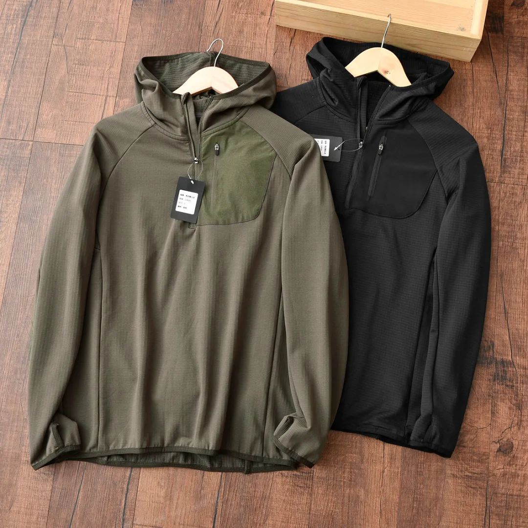 秋冬华夫格加绒透气速干男长袖t恤连帽运动t恤衫跑步衣