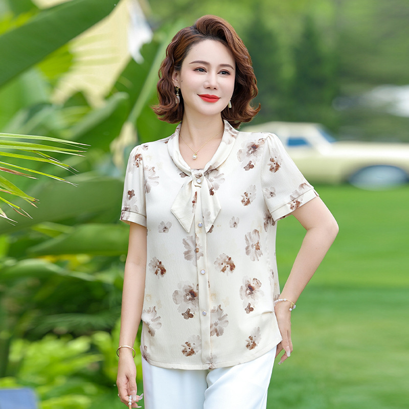 妈妈夏装新款雪纺衫2024新款洋气短袖t恤小衫中老年女夏季上衣衫