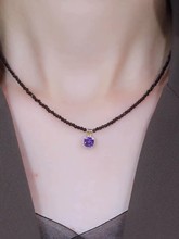 黑色珠子方糖紫水晶项链女气质轻奢小众高级感锁骨链网红百搭颈链