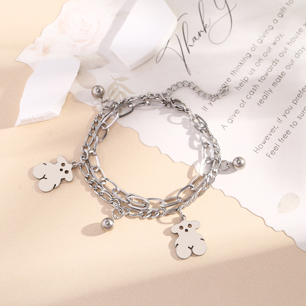 Japan and South Korea Cute Bear Titanium Steel Bracelet Internet Celebrity Niche Double-Layer Chain Jewelry Bracelet Design Sense All-Match Bracelet