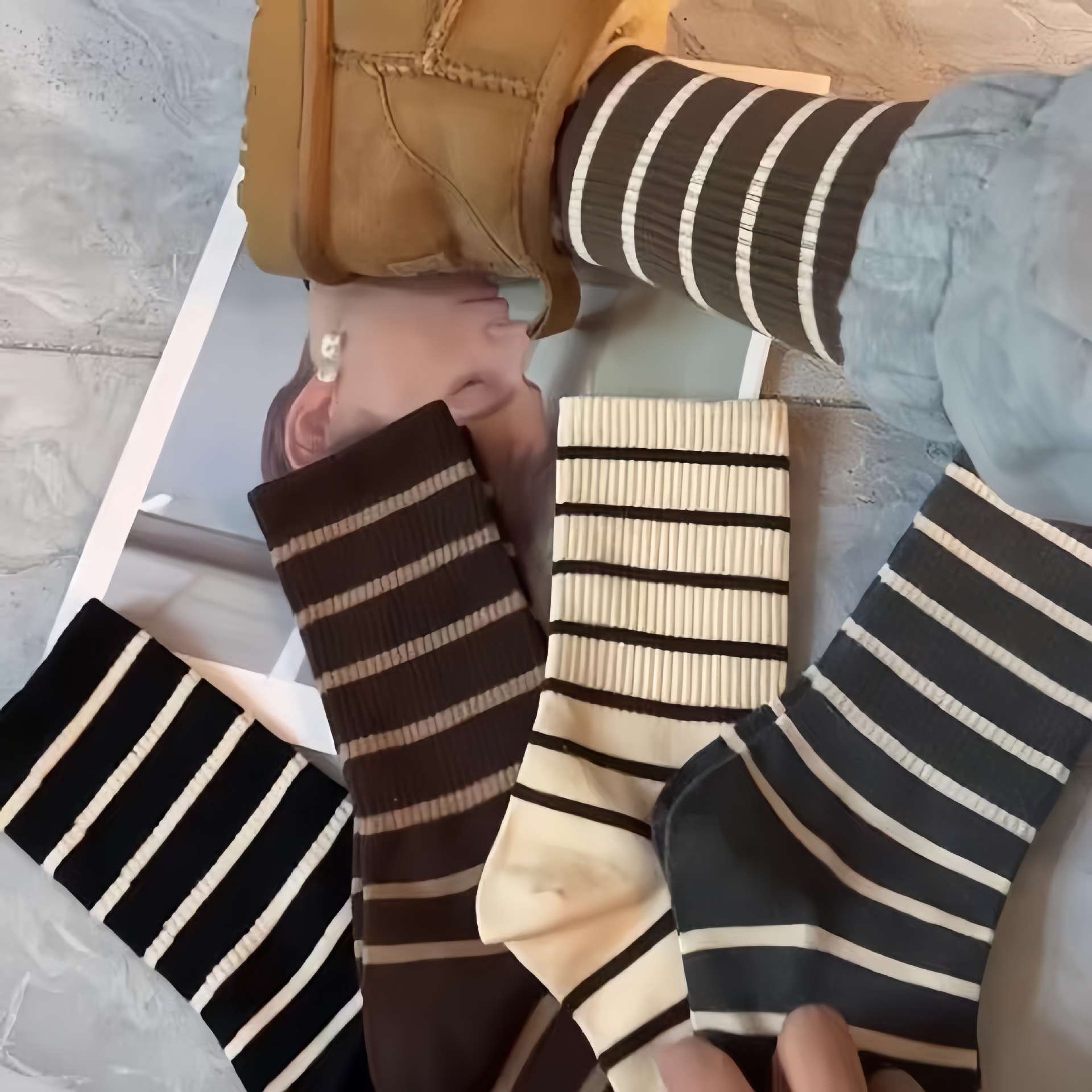 Maillard Socks Women's Autumn and Winter New Black and White Coffee Color Series Horizontal Stripes Thigh High Socks Lovers' Socks Earth Color Socks