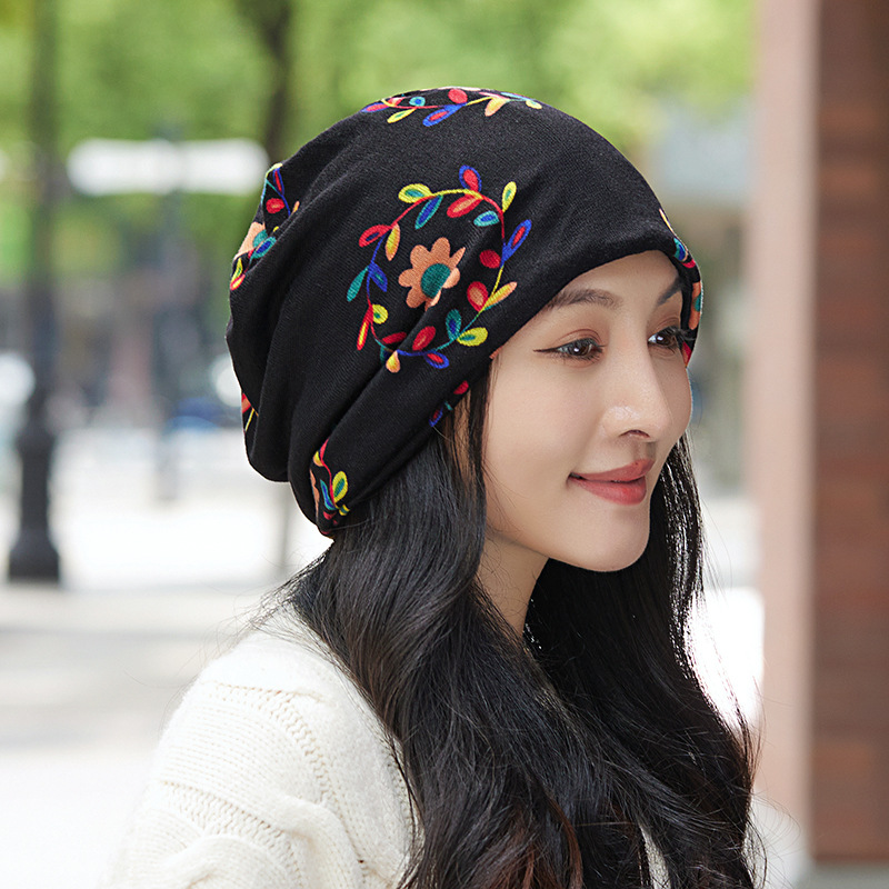 帽子女春秋韩版多用头巾帽包头帽冬套头帽脖套帽印花堆堆帽护耳帽