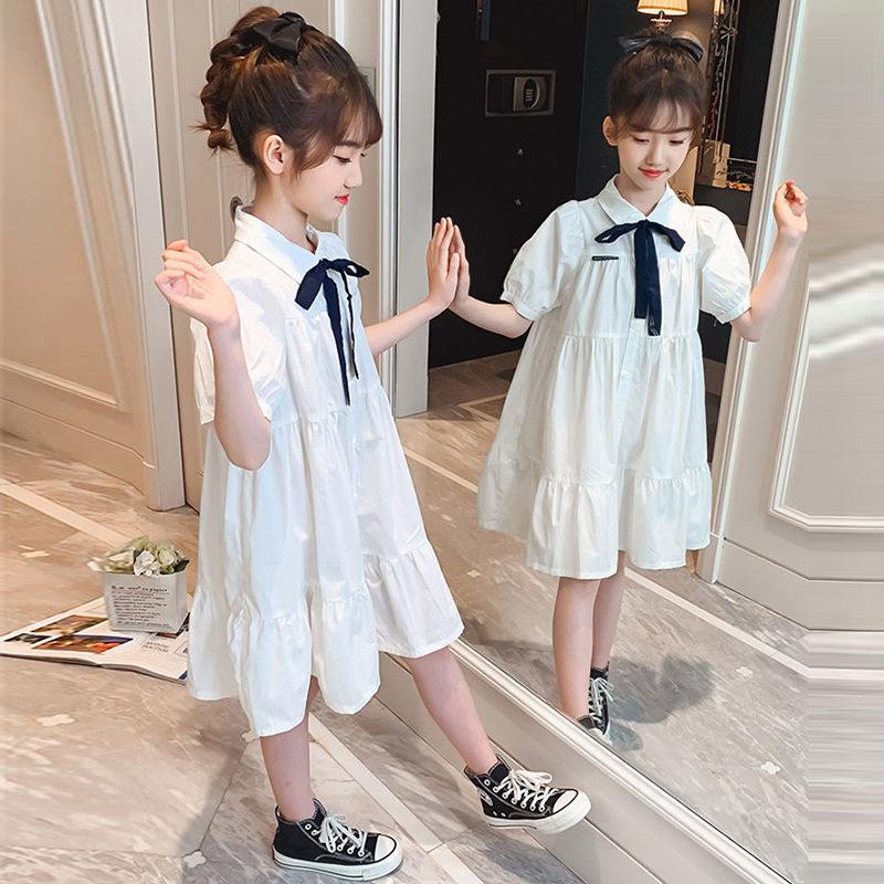 女童连衣裙夏季新款小学生休闲裙女孩森系洋气白色甜美裙子学院风