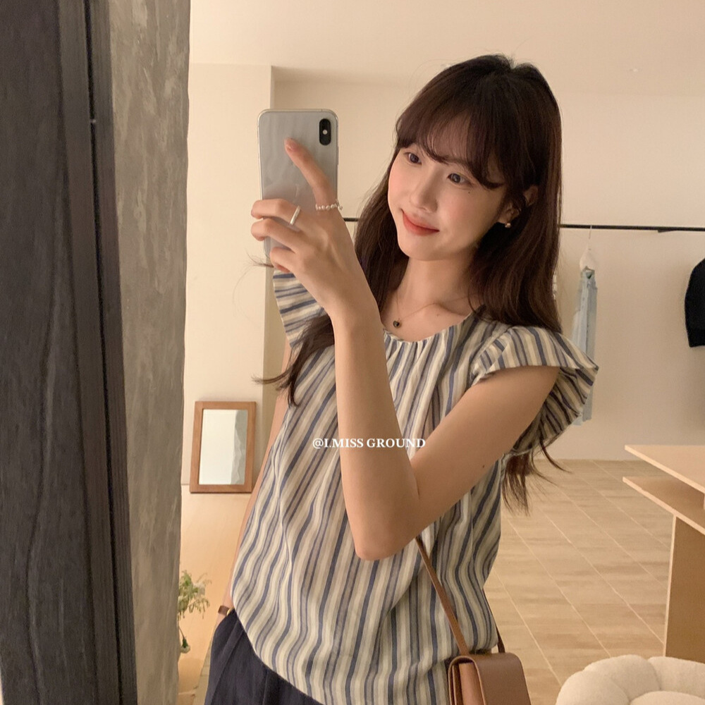 imiss 韩系复古竖条纹小飞袖小衫女2024夏季新款时尚洋气百搭上衣