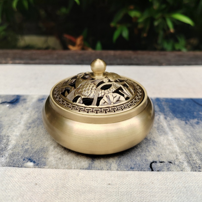 批发黄铜香炉 家用熏香炉 纯铜镂空香炉 带盖小香炉 家居摆件盘香