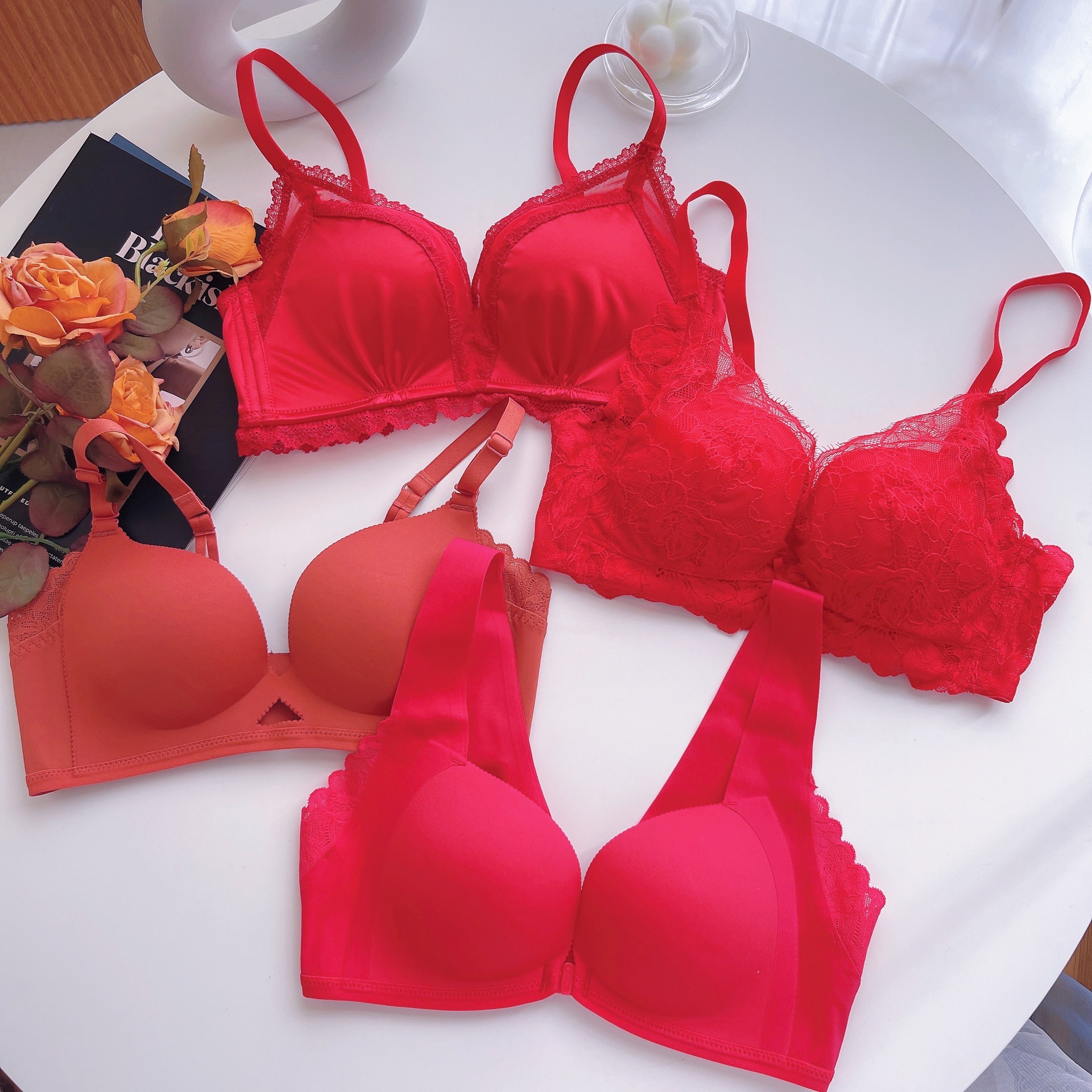 集美们过年本命年结婚正红色内衣女聚拢调整型无钢圈上托文胸套装