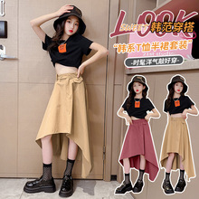女大童短袖棉布裙2024夏季新款韩版不规则半身裙休闲短袖上衣套装