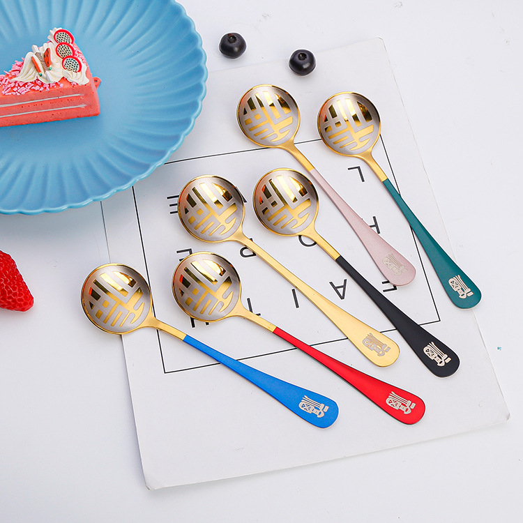 410 Stainless Steel Mesh Red Spoon Creative National Style Tableware Fu Character Spoon Dessert Spoon Hongjin round Spoon Thickened