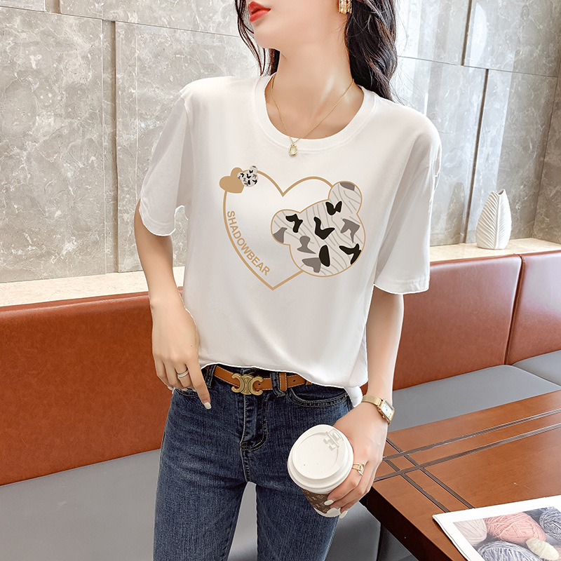 Women's Cotton Short-Sleeved T-shirt Summer New Loose Korean Style White round Neck Printed Half Sleeve T-shirt Student Casual Top
