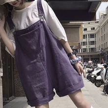 小个子紫色牛仔背带裤女夏季复古减龄宽松韩版阔腿短裤学生连体裤