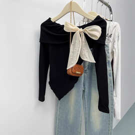 秋冬法式别致性感短款不规则一字肩蝴蝶结上衣高级感打底衫女内搭