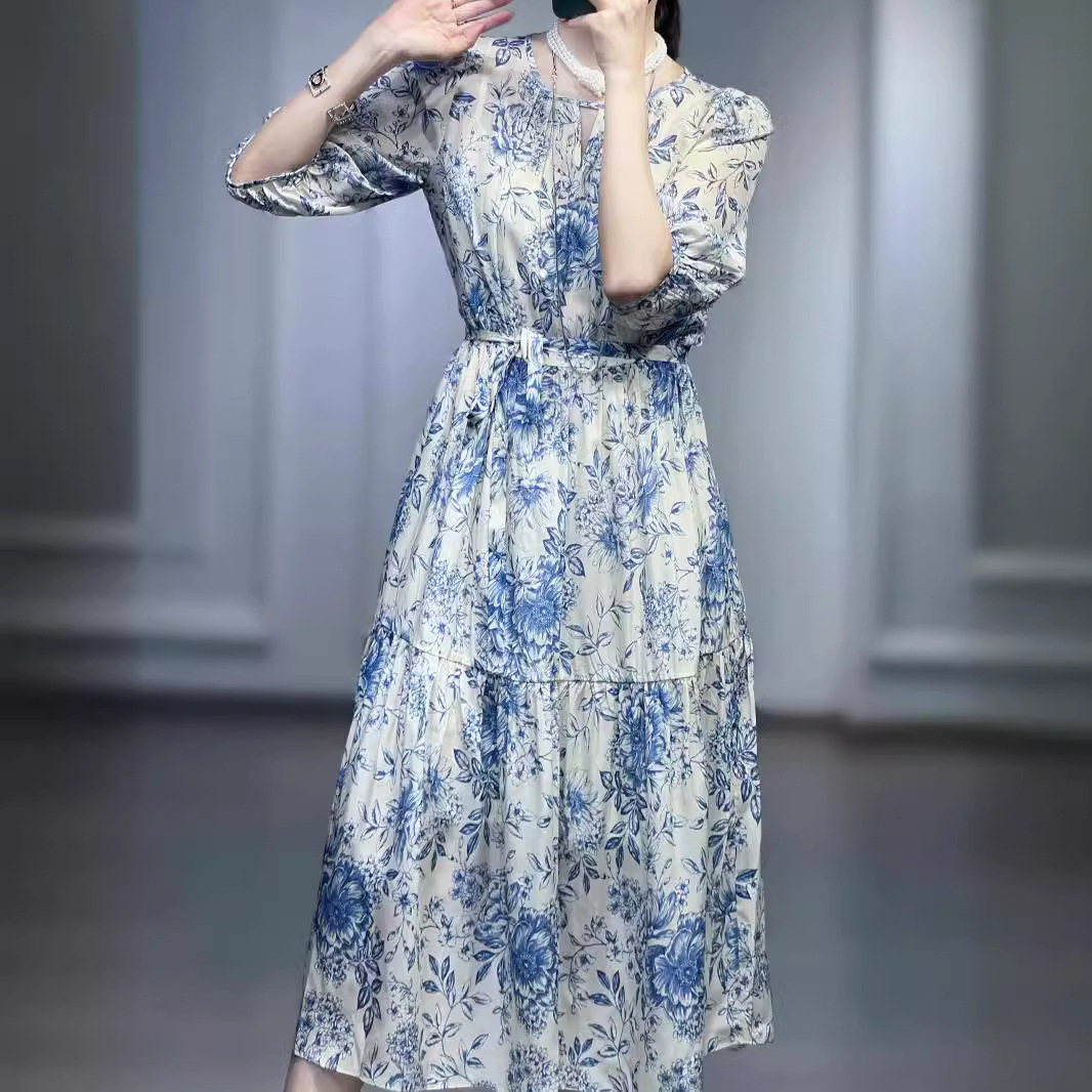 夏季青花瓷印花双绉真丝裙宽松收褶显瘦显大摆裙a字连衣裙配吊带