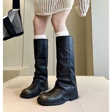 牛皮版~长筒靴粗跟方头裤管靴英伦复古骑士靴炸街辣妹显瘦靴子女