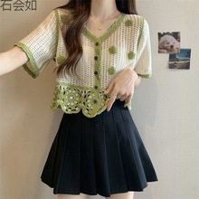 新款韩系夏季设计感镂空钩花短袖针织衫宽松小开衫女小众短款上衣