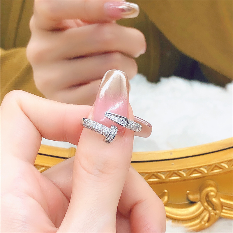 light luxury ins super flash big brand all-match classic nail ring full rhinestone zircon inlaid opening adjustable ring female