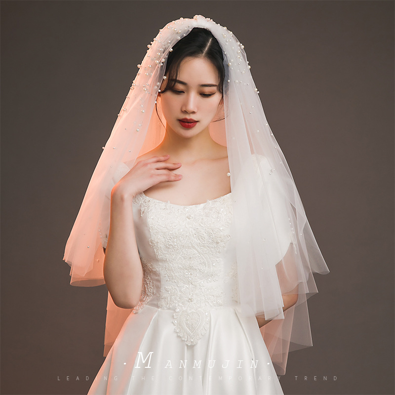 新娘头纱重工钉珍珠短款白色双层软网头纱结婚造型旅拍照头饰面纱