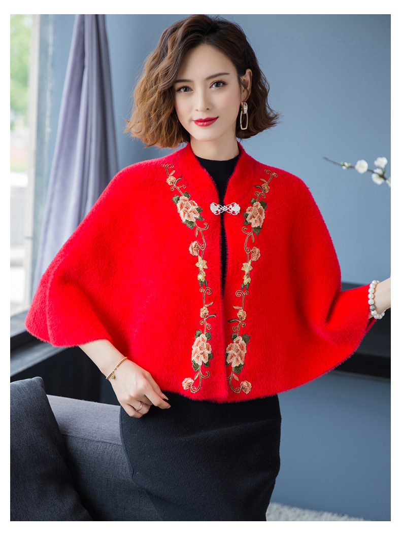 秋冬新款妈妈婚礼服斗篷披风仿水貂绒开衫外套搭配旗袍短款披肩女