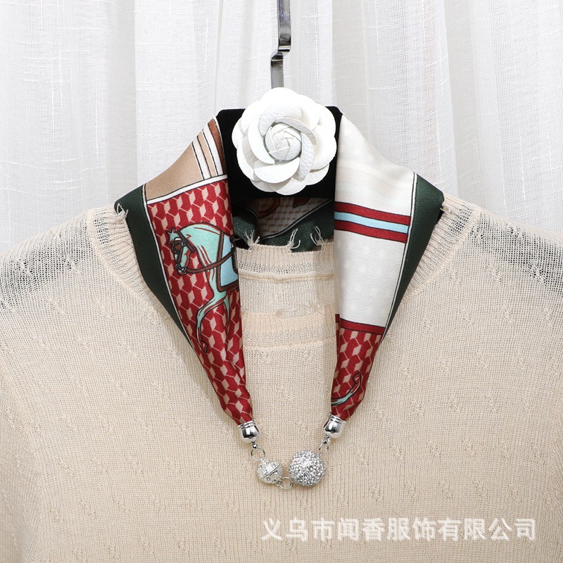 Ethnic Style Vintage Blue and White Porcelain Necklace Silk Scarf Automatic Magnetic Force Suction Clasp Lazy Small Scarf Magnetic Snap Bracelet Hair Band for Women