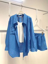 蓝色休闲防晒衬衫短裤两件套装2023夏季新款女装小个子穿搭一整套