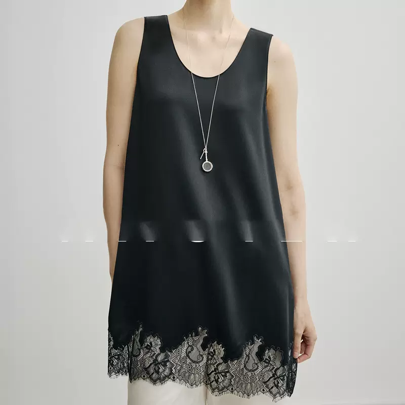 现货 开KEI日本三醋酸凉感双面缎鎏光垂感百搭蕾丝拼接长背心