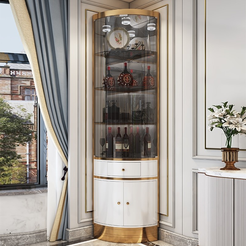 样板房轻奢客厅卧室现代转墙拐角红酒柜三角落柜弧扇形玻璃靠墙架