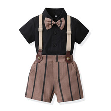韩版翻领单排扣棉短袖开衫男童条纹背带短裤潮范两件套夏季童套装