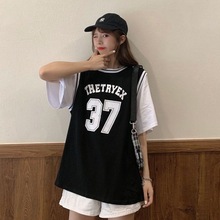短袖T恤女春夏季2021新款韩版宽松假两件篮球风格中长款上衣ins潮