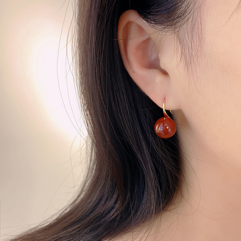 Year of Birth Red Agate Earrings Women's Graceful Online Influencer Design Sense Ear Hook Fashion New Trendy Retro Ear Hook Earrings