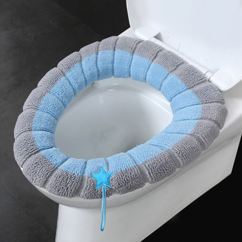 Universal Thickened O-Type Toilet Mat Washable Household Fleece-Lined Warm Toilet Seat Cover Nordic Ribbon Handle Toilet Cover