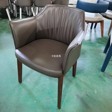 会所别墅样板房椅子现代简约设计师棉麻酒店餐椅 意式实木扶手椅
