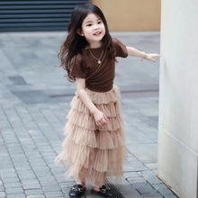 女童夏季套装2024新款韩版洋气咖色漏背恤女孩超仙蛋糕裙两件套
