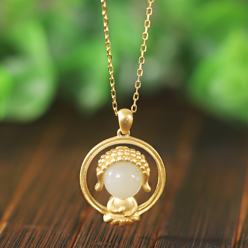 悦心s925纯银佛项链女镶嵌和田玉圆光环吊坠古法喷金工艺玉髓项坠